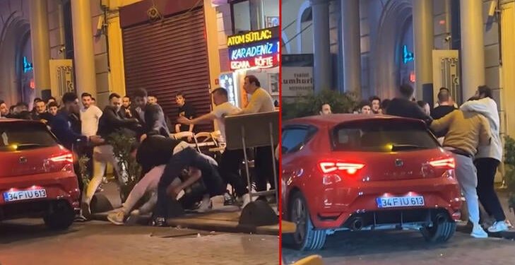 Taksim’de iki kümenin tekmeli yumruklu hengamesi kamerada