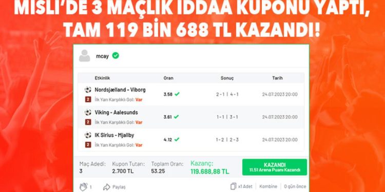 3 maçlık iddaa kuponu ile 119 bin 688 TL kazandı