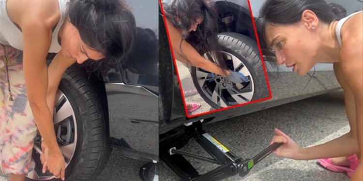 Bijon anahtarını aldı lastik değiştirdi! Komşusunun yardımına ünlü oyuncu yetişti…