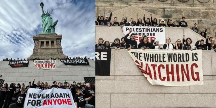 Özgürlük Heykeli önünde Filistin’e takviye